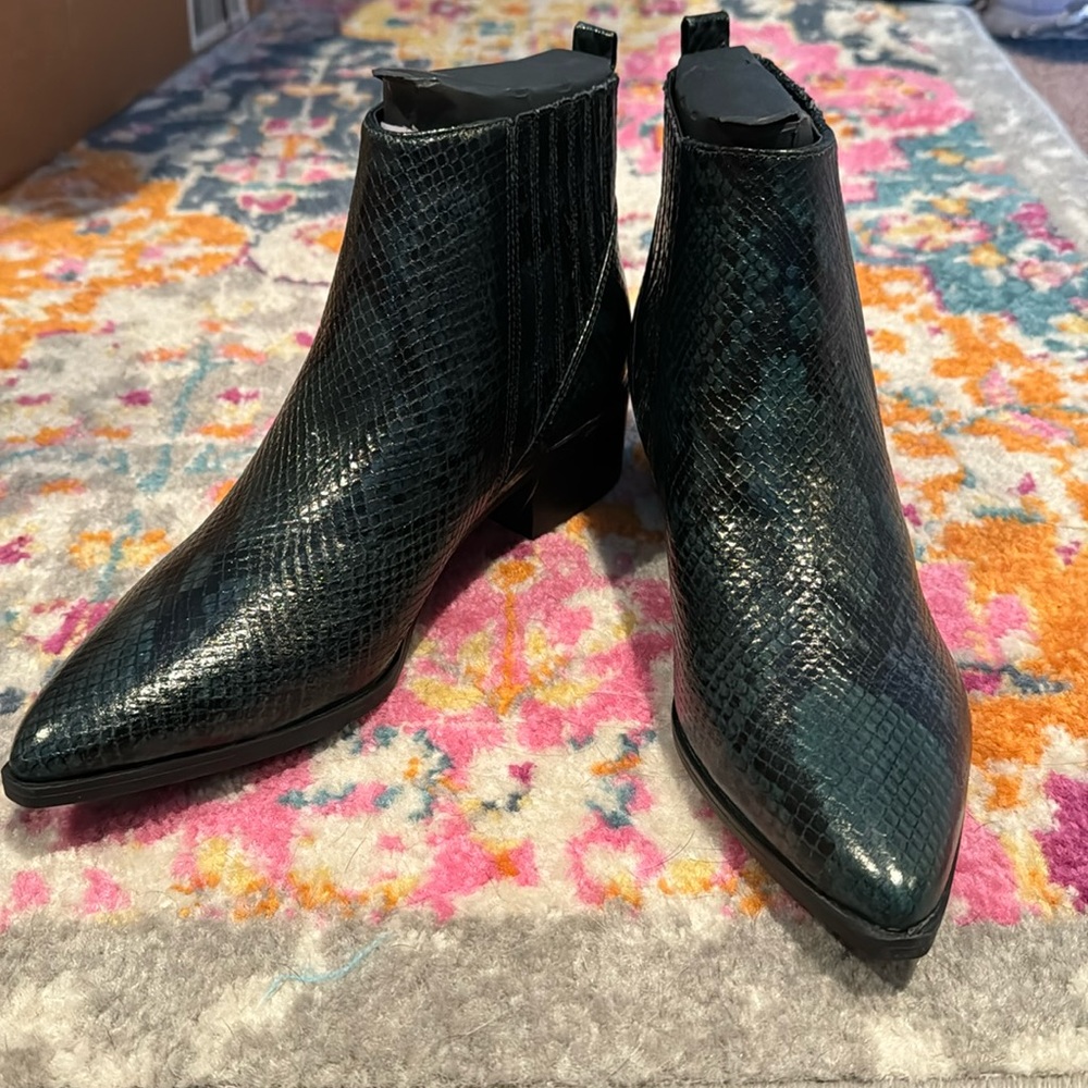 Marc Fisher green and black snake skin booties